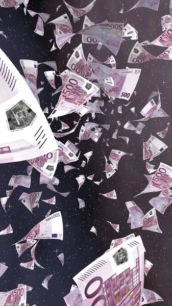在外太空星光灿烂的背景上飞行的欧元钞票 在外层空间飞行的钱 500欧元的颜色 垂直方向 3D插图 — 图库照片