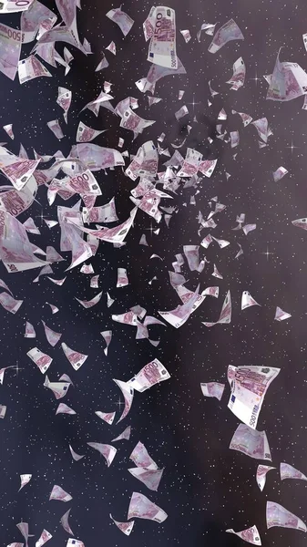 Uzay yıldızlı arka planda euro banknotları uçurmak. Uzayda para uçuyor. 500 EURO renkli. Dikey oryantasyon. 3B illüstrasyon