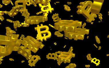 Karanlık bir arka planda dijital para birimi sembolü Bitcoin. Bitcoin düşüşü. Sanal ekranda kripto para birimi grafiği. İş, finans ve teknoloji kavramı. 3B illüstrasyon