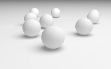 Beyaz soyut arka plan. Beyaz toplar beyaz arka planda izole edilmiş. 3B illüstrasyon