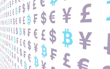 Bitcoin ve para birimi beyaz bir arka plan üzerinde. Dijital kripto para birimi sembolü. İş konsepti. Piyasa Ekranı. 3d illüstrasyon