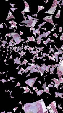 Uçan euro banknotlar karanlık bir arka plan üzerinde izole. Havada para uçuşuyor. 500 Euro renkli. 3d illüstrasyon