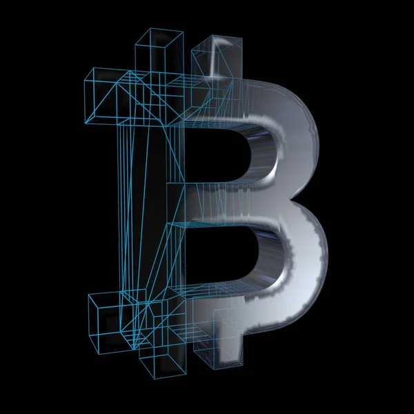 Bitcoin Υπογραφή Πλατινένιο Ασήμι Μετατρέπεται Ένα Μπλε Πλέγμα Μαύρο Φόντο — Φωτογραφία Αρχείου