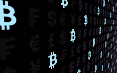 Bitcoin ve para koyu bir arka plan üzerinde. Dijital kripto para birimi sembolü. İş konsepti. Piyasa Ekranı. 3d illüstrasyon