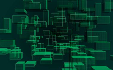 Yeşil ve koyu arka dijital ve teknoloji plan. Dikdörtgenler tekrarlayan olan desen. 3D çizim