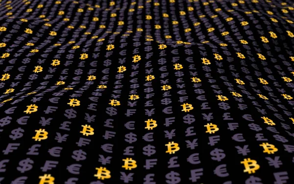 Bitcoin Valuta Uno Sfondo Scuro Simbolo Crittografico Digitale Effetto Onda — Foto Stock