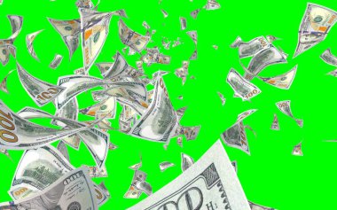 Kromakeyle izole edilmiş uçan dolar banknotları. Havada para uçuyor. 100 Amerikan doları yeni numune alıyor. 3B illüstrasyon