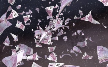 Uzay yıldızlı arka planda euro banknotları uçurmak. Uzayda para uçuyor. 500 EURO renkli. 3B illüstrasyon