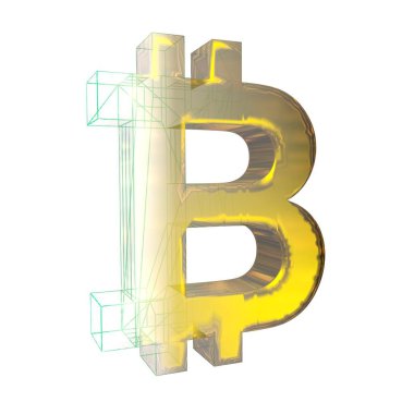 Bitcoin işareti, yeşil şebeke beyaz arka planda altına dönüşür. 3B illüstrasyon