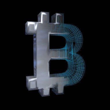 Bitcoin işareti, platin veya gümüş siyah bir arka plan üzerinde mavi bir ızgara dönüşür. 3d illüstrasyon