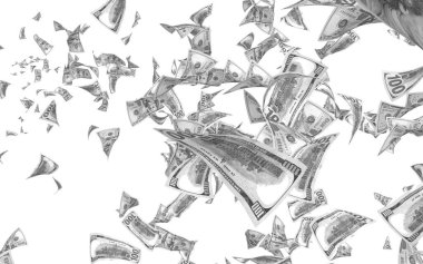 Dolar banknotlar uçan beyaz arka plan üzerinde izole. Para havada uçuyor. 100 ABD banknotlar yeni örnek. Siyah ve beyaz tarzı. 3D çizim