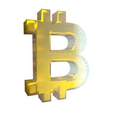 Bitcoin işareti, yeşil şebeke beyaz arka planda altına dönüşür. 3B illüstrasyon