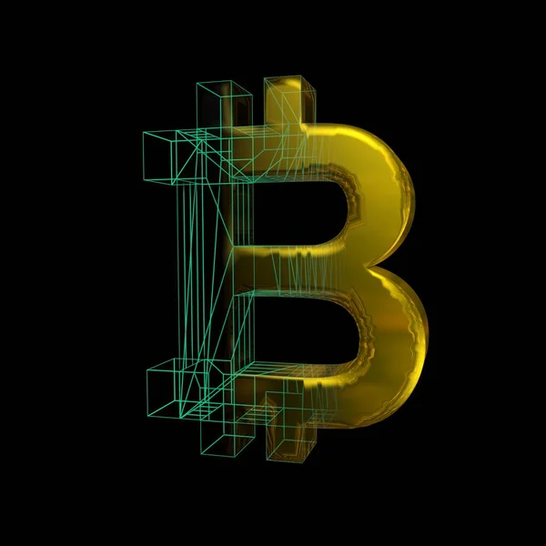 Signo Bitcoin Cuadrícula Verde Convierte Oro Sobre Fondo Negro Ilustración — Foto de Stock