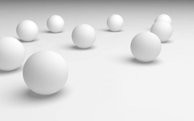 Beyaz soyut arka plan. Beyaz toplar beyaz arka planda izole edilmiş. 3B illüstrasyon