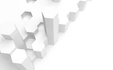 Bal peteği olan beyaz soyut bir arkaplan. Altıgen çubukları beyaz arkaplanda izole edilmiş. 3B illüstrasyon