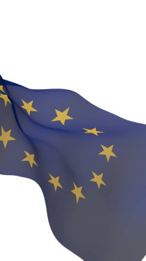 Avrupa Birliği 'nin bayrağı hafifçe sallanıyordu. Beyaz arka planda izole edilmiş, 3D görüntüleme. Avrupa 'nın sembolü. 3B illüstrasyon