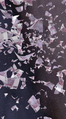 Uzay yıldızlı arka planda euro banknotları uçurmak. Uzayda para uçuyor. 500 EURO renkli. Dikey oryantasyon. 3B illüstrasyon