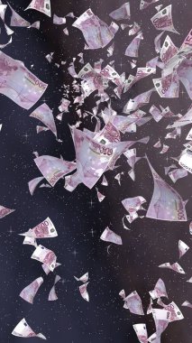 Uzay yıldızlı arka planda euro banknotları uçurmak. Uzayda para uçuyor. 500 EURO renkli. Dikey oryantasyon. 3B illüstrasyon