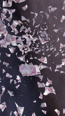 Uzay yıldızlı arka planda euro banknotları uçurmak. Uzayda para uçuyor. 500 EURO renkli. Dikey oryantasyon. 3B illüstrasyon
