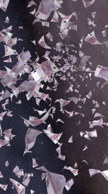 Uzay yıldızlı arka planda euro banknotları uçurmak. Uzayda para uçuyor. 500 EURO renkli. Dikey oryantasyon. 3B illüstrasyon
