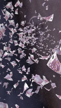 Uzay yıldızlı arka planda euro banknotları uçurmak. Uzayda para uçuyor. 500 EURO renkli. Dikey oryantasyon. 3B illüstrasyon