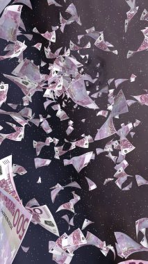 Uzay yıldızlı arka planda euro banknotları uçurmak. Uzayda para uçuyor. 500 EURO renkli. Dikey oryantasyon. 3B illüstrasyon