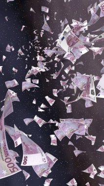 Uzay yıldızlı arka planda euro banknotları uçurmak. Uzayda para uçuyor. 500 EURO renkli. Dikey oryantasyon. 3B illüstrasyon