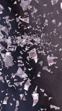 Uzay yıldızlı arka planda euro banknotları uçurmak. Uzayda para uçuyor. 500 EURO renkli. Dikey oryantasyon. 3B illüstrasyon