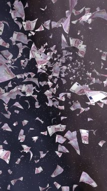 Uzay yıldızlı arka planda euro banknotları uçurmak. Uzayda para uçuyor. 500 EURO renkli. Dikey oryantasyon. 3B illüstrasyon