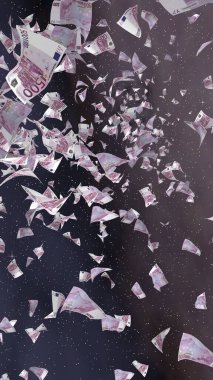 Uzay yıldızlı arka planda euro banknotları uçurmak. Uzayda para uçuyor. 500 EURO renkli. Dikey oryantasyon. 3B illüstrasyon