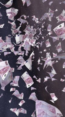 Uzay yıldızlı arka planda euro banknotları uçurmak. Uzayda para uçuyor. 500 EURO renkli. Dikey oryantasyon. 3B illüstrasyon