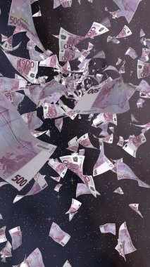 Uzay yıldızlı arka planda euro banknotları uçurmak. Uzayda para uçuyor. 500 EURO renkli. Dikey oryantasyon. 3B illüstrasyon