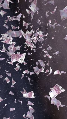 Uzay yıldızlı arka planda euro banknotları uçurmak. Uzayda para uçuyor. 500 EURO renkli. Dikey oryantasyon. 3B illüstrasyon