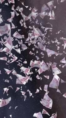 Uzay yıldızlı arka planda euro banknotları uçurmak. Uzayda para uçuyor. 500 EURO renkli. Dikey oryantasyon. 3B illüstrasyon