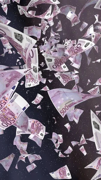 宇宙の星空の背景にユーロ紙幣を飛んでいます 宇宙を飛ぶお金 500ユーロの色で 垂直方向 3Dイラスト — ストック写真