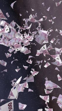 Uzay yıldızlı arka planda euro banknotları uçurmak. Uzayda para uçuyor. 500 EURO renkli. Dikey oryantasyon. 3B illüstrasyon