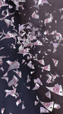 Uzay yıldızlı arka planda euro banknotları uçurmak. Uzayda para uçuyor. 500 EURO renkli. Dikey oryantasyon. 3B illüstrasyon
