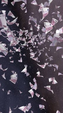 Uzay yıldızlı arka planda euro banknotları uçurmak. Uzayda para uçuyor. 500 EURO renkli. Dikey oryantasyon. 3B illüstrasyon