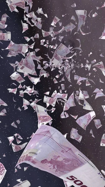 Uzay yıldızlı arka planda euro banknotları uçurmak. Uzayda para uçuyor. 500 EURO renkli. Dikey oryantasyon. 3B illüstrasyon