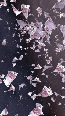 Uzay yıldızlı arka planda euro banknotları uçurmak. Uzayda para uçuyor. 500 EURO renkli. Dikey oryantasyon. 3B illüstrasyon