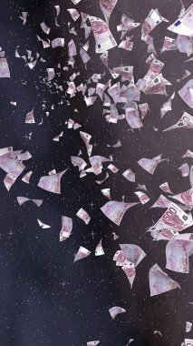 Uzay yıldızlı arka planda euro banknotları uçurmak. Uzayda para uçuyor. 500 EURO renkli. Dikey oryantasyon. 3B illüstrasyon