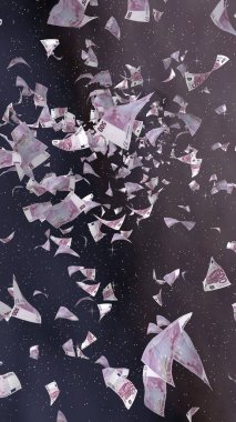 Uzay yıldızlı arka planda euro banknotları uçurmak. Uzayda para uçuyor. 500 EURO renkli. Dikey oryantasyon. 3B illüstrasyon