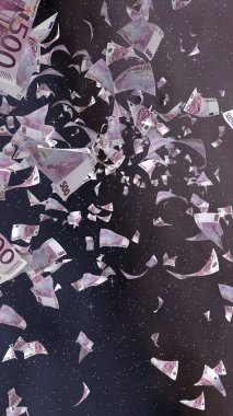 Uzay yıldızlı arka planda euro banknotları uçurmak. Uzayda para uçuyor. 500 EURO renkli. Dikey oryantasyon. 3B illüstrasyon