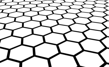 Beyaz arka planda siyah bal peteği. Çokgenin perspektif görüntüsü bal peteğine benziyor. İzometrik geometri. 3B illüstrasyon