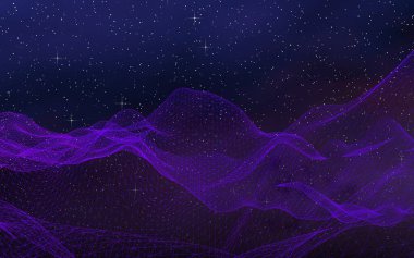 Karanlık bir arka planda soyut ultraviyole manzara. Mor siber uzay şebekesi. Merhaba teknoloji ağı. Uzay boşluğu. Mor yıldızlı uzay dokusu. 3B illüstrasyon