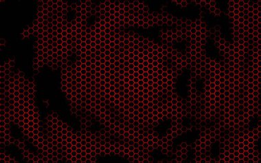 Kırmızı arka plandaki petek. Çokgen in perspektif görünümü petek gibi görünüyor. Biyometrik geometri. 3d illüstrasyon