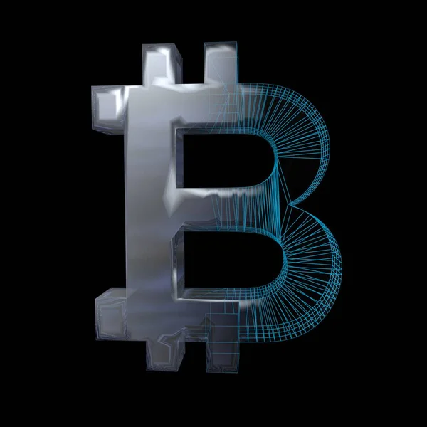 Signo Bitcoin Platino Plata Convierte Una Rejilla Azul Sobre Fondo — Foto de Stock