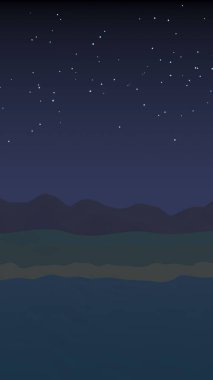 Yıldızlı aysız gökyüzü. Sahilde dalgalarla okyanus kıyısı. Dalgalar ile Ada plaj cenneti. Tatil, yaz, rahatlama. Deniz manzarası, deniz kıyısı. Minimalist manzara, ilkellik. 3d illüstrasyon
