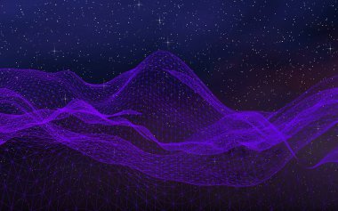 Karanlık bir arka planda soyut ultraviyole manzara. Mor siber uzay şebekesi. Merhaba teknoloji ağı. Uzay boşluğu. Mor yıldızlı uzay dokusu. 3B illüstrasyon