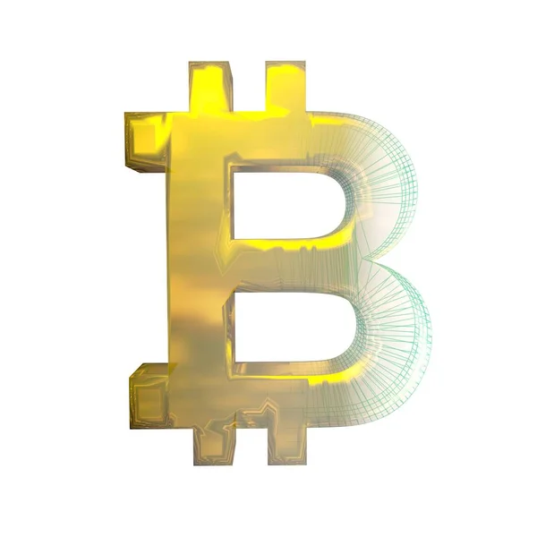 Bitcoinのサイン 緑のグリッドは白い背景で金に変わります 3Dイラスト — ストック写真